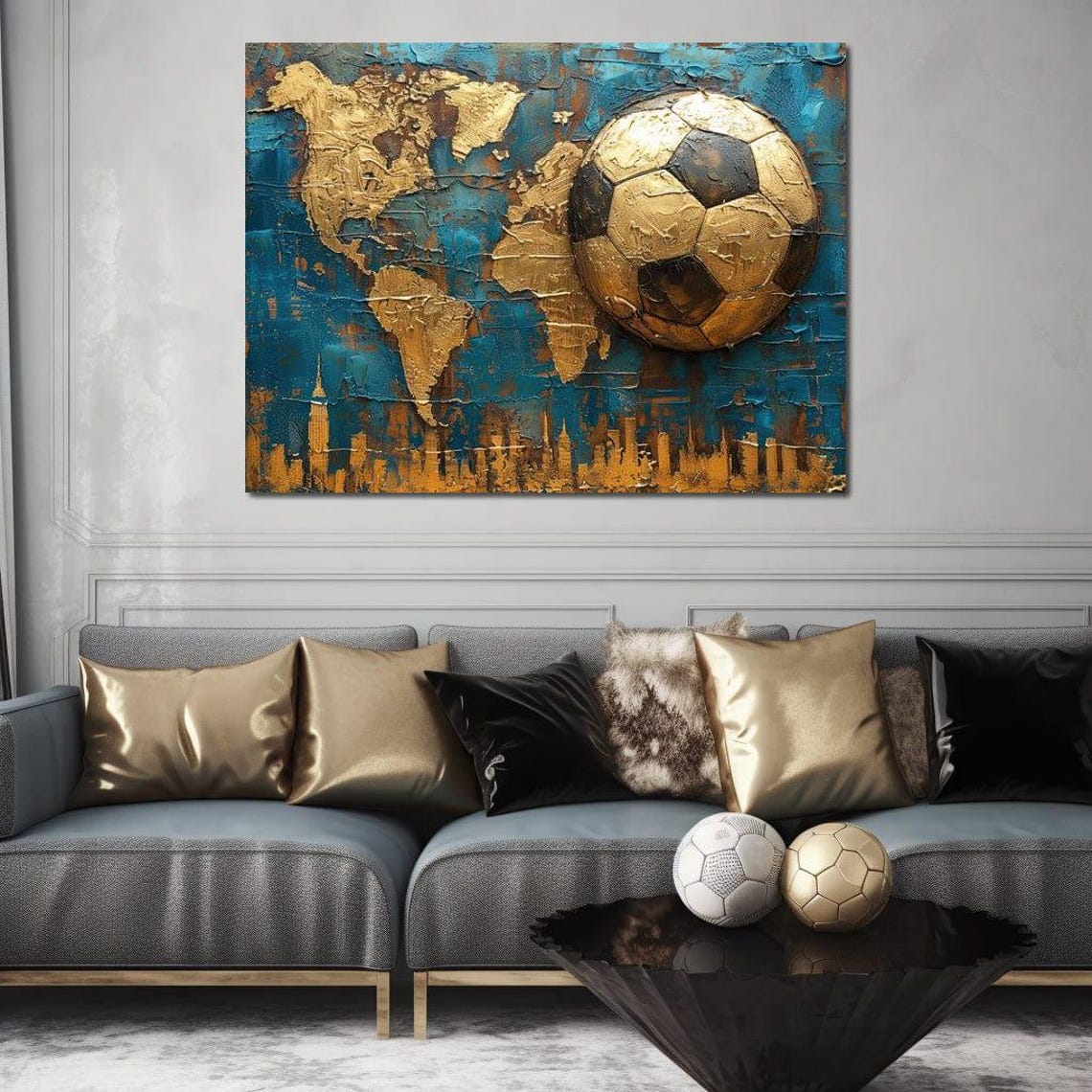 Golden Soccer Ball World Map Teal Texture Luxurious Sports Wall Art - Image 2