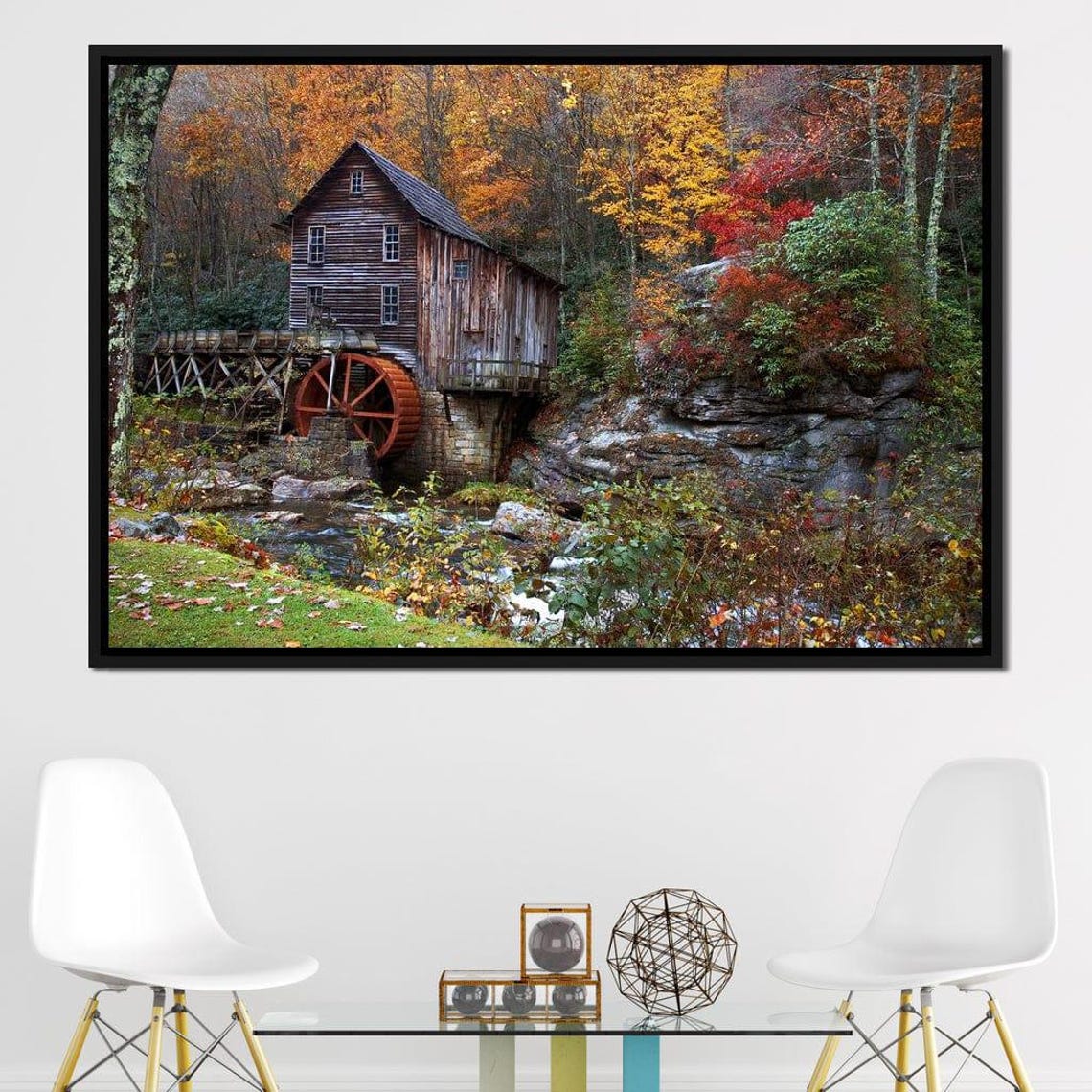 Autumn Grist Mill Red Water Wheel Fall Forest Nature Scene Poster - Image 4