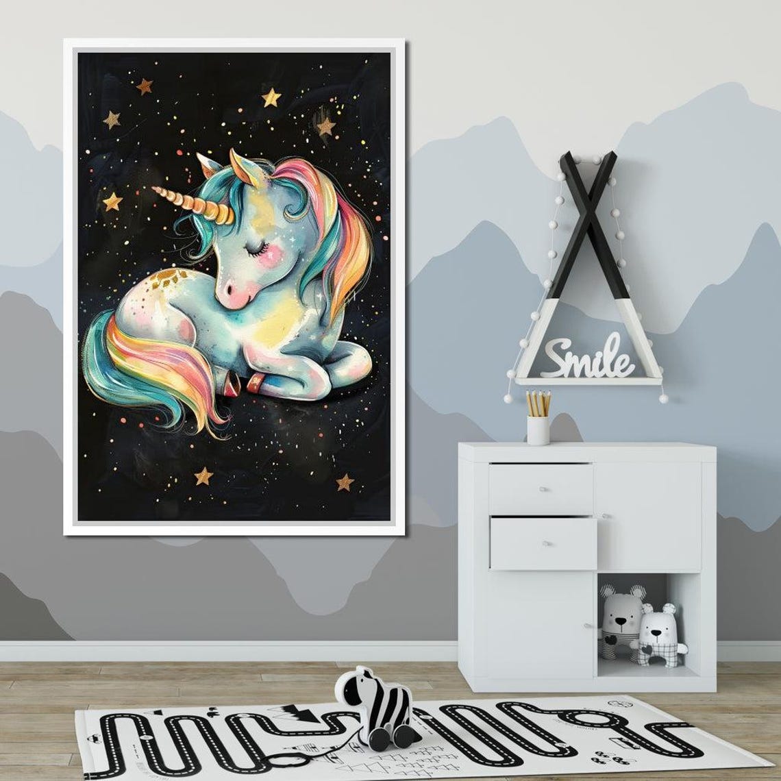 Sleeping Rainbow Unicorn Curled Beneath Starry Night Sky Poster - Image 3