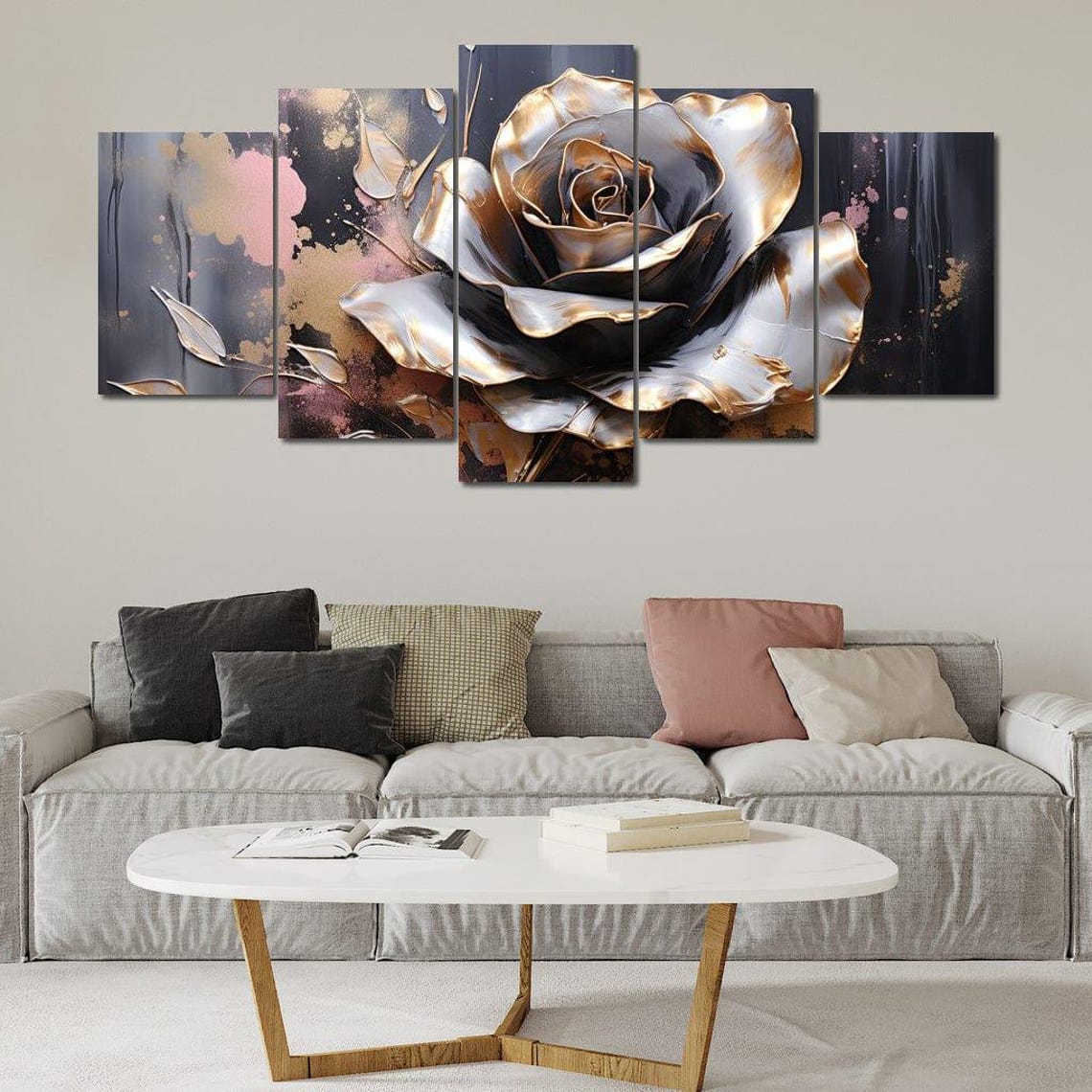 Metallic Gold Silver Rose Black Abstract 5 Panel Floral Wall Art