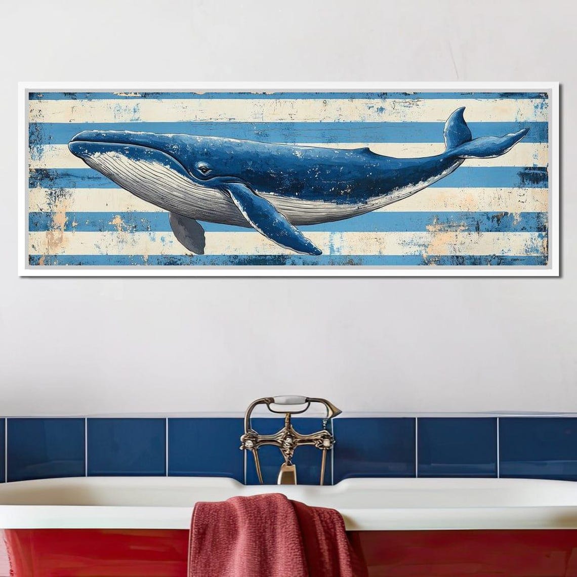 Blue Whale Distressed Striped Coastal Nautical Ocean Decor Poster