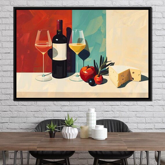 Elegant Red White Wine Glasses Bottle Still Life Vibrant Kitchen Art Poster