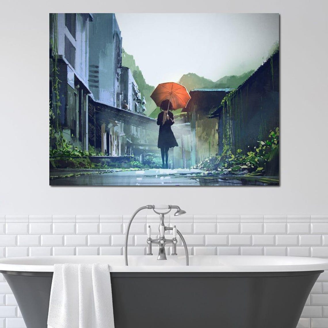 Girl with Orange Umbrella Walking in a Rainy Misty Street Scene Poster - Image 3