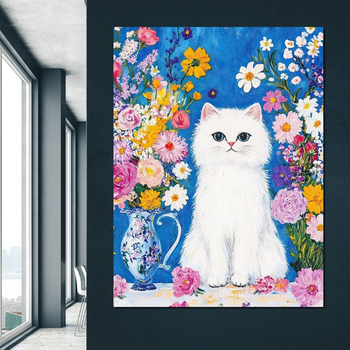 White Fluffy Cat Floral Vase Bouquet Blue Framed Whimsical Wall Art - Image 3