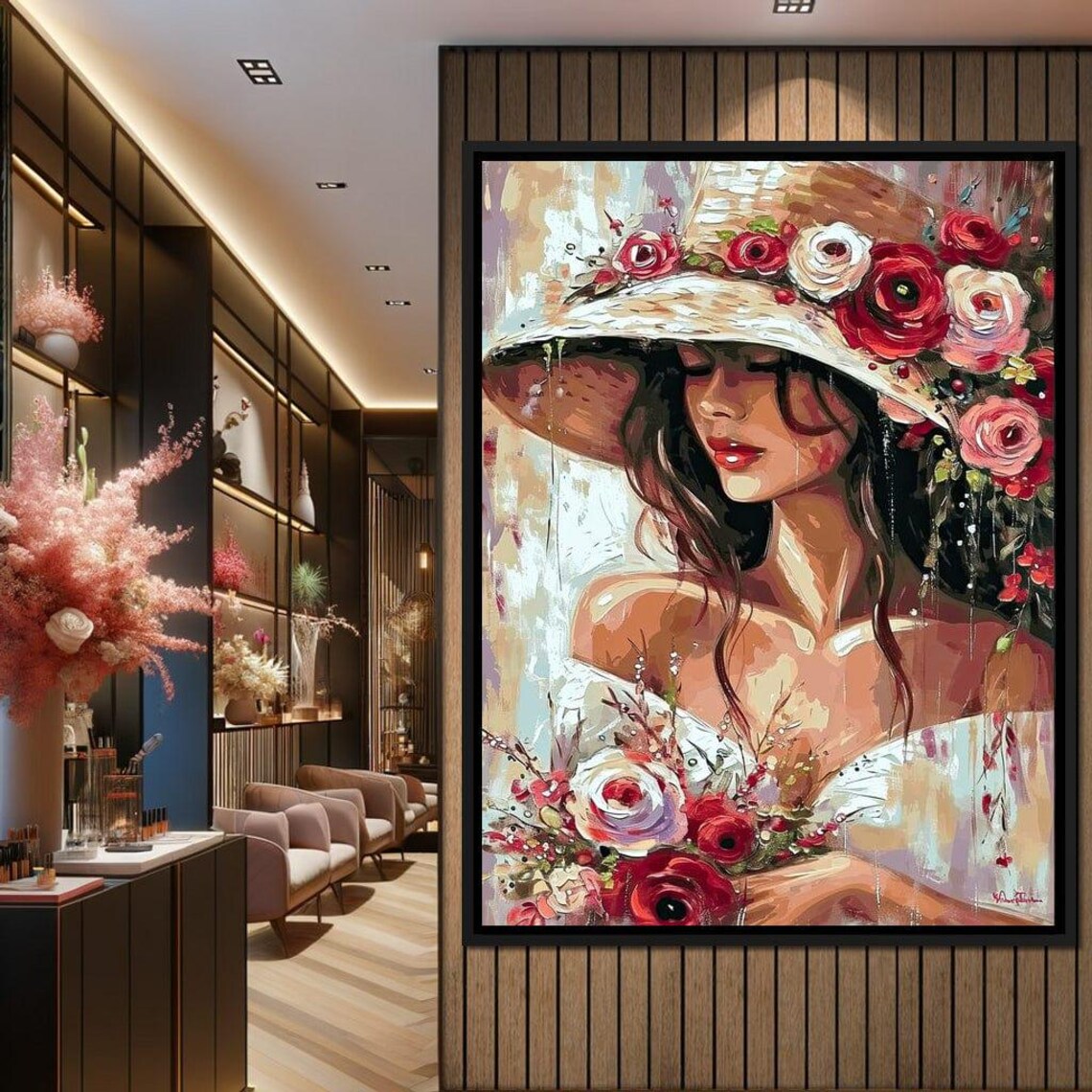 Woman Rose Covered Straw Hat Red Pink Roses Floral Art Print - Image 4