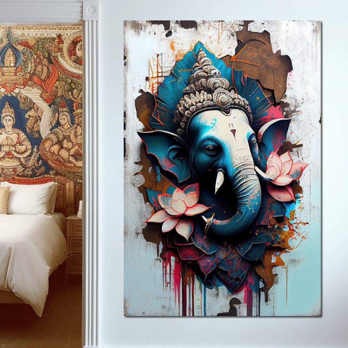 Blue Ganesha Elephant God Graffiti Style Pink Lotus Wall Art Poster - Image 3