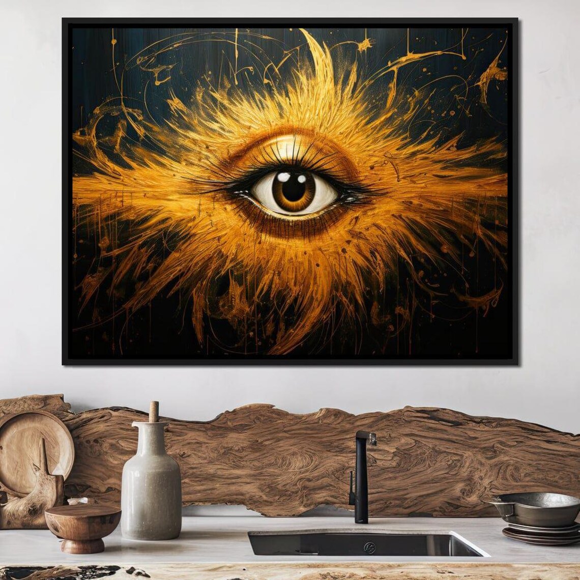 Radiant Golden Eye Fiery Feathered Visionary Black Gold Art Poster - Image 3