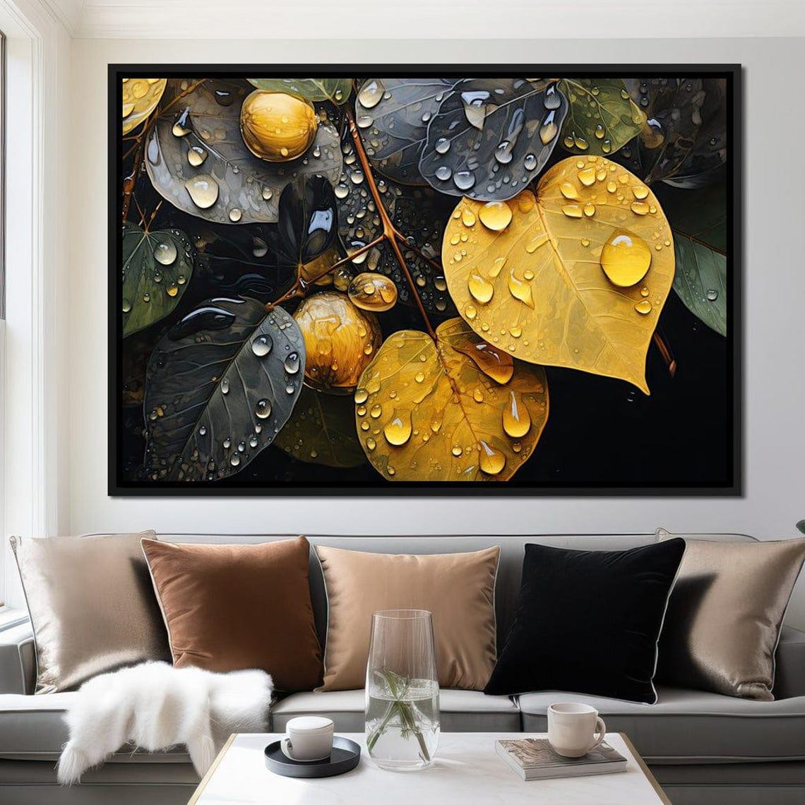 Golden Autumn Leaves Rain Drops Close Up Moody Botanical Poster