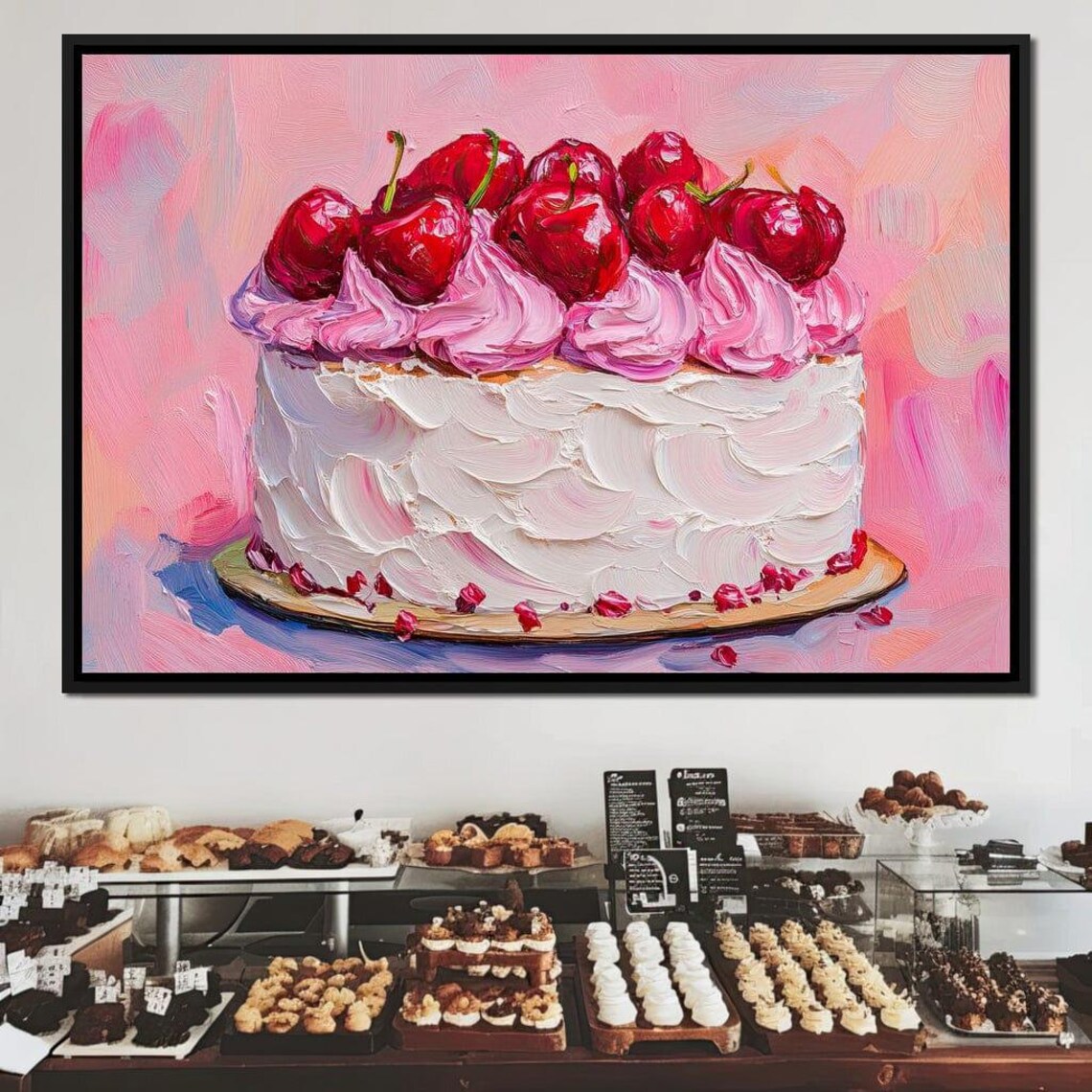 Cherry Cake Pink Cream Impasto Oil Painting Sweet Dessert Decor Poster - Image 4