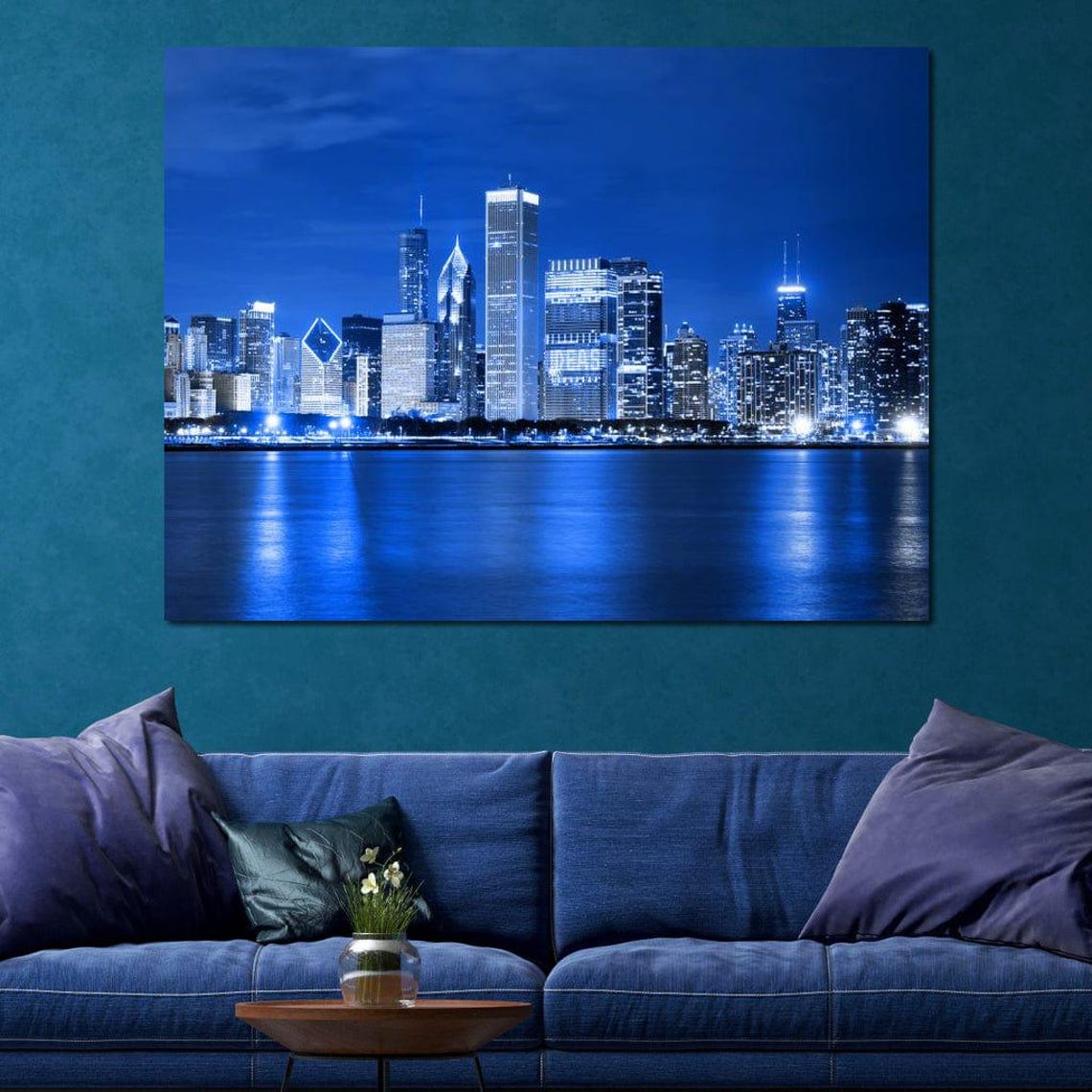 Chicago Skyline Blue Night Lake Reflection Downtown Lights City Poster - Image 3