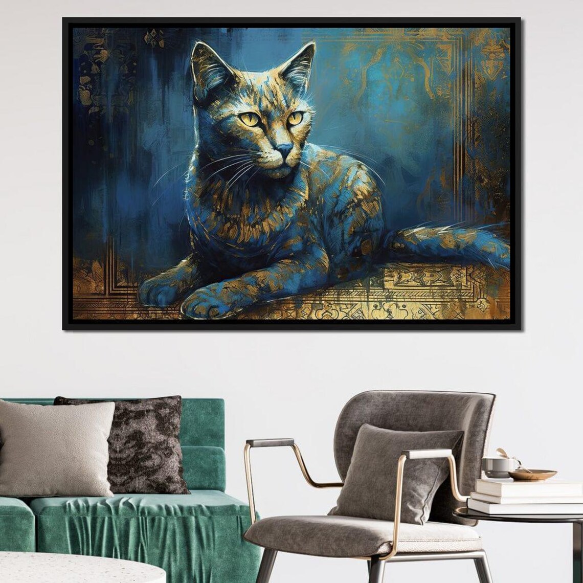 Regal Blue And Gold Cat Portrait Elegant Feline Art Whimsical Wall Print - Image 4