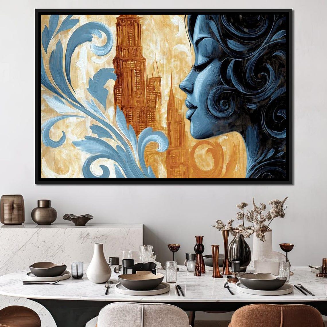 Art Nouveau Blue Woman Profile Gold Tower Floral Swirls Elegant Poster - Image 3