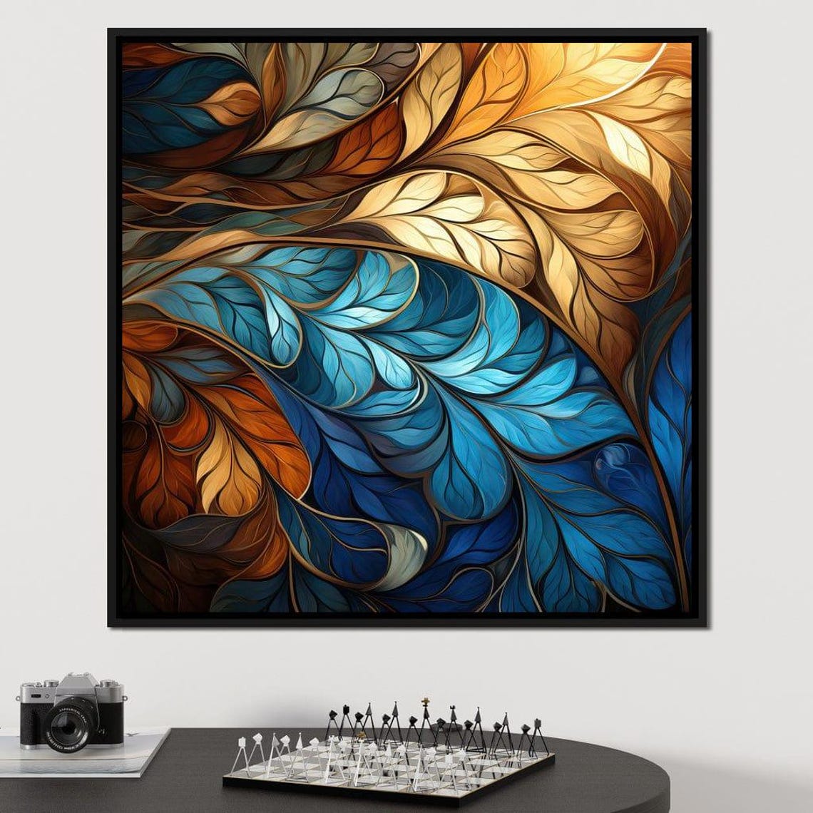 Abstract Blue Gold Leaf Botanical Modern Art Nouveau Wall Poster - Image 2