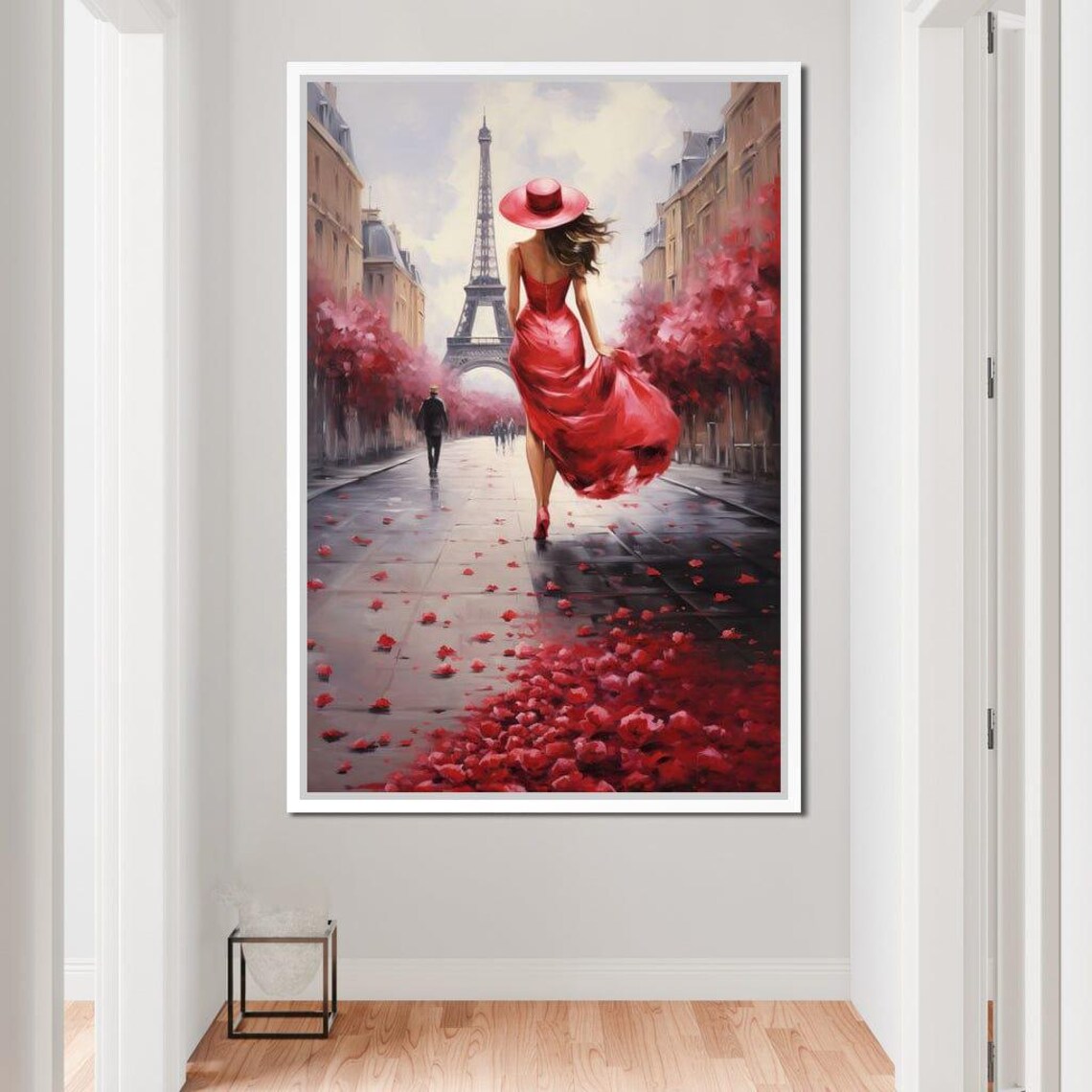 Paris Eiffel Tower Red Dress Woman Street Rose Petals Travel Poster - Image 2