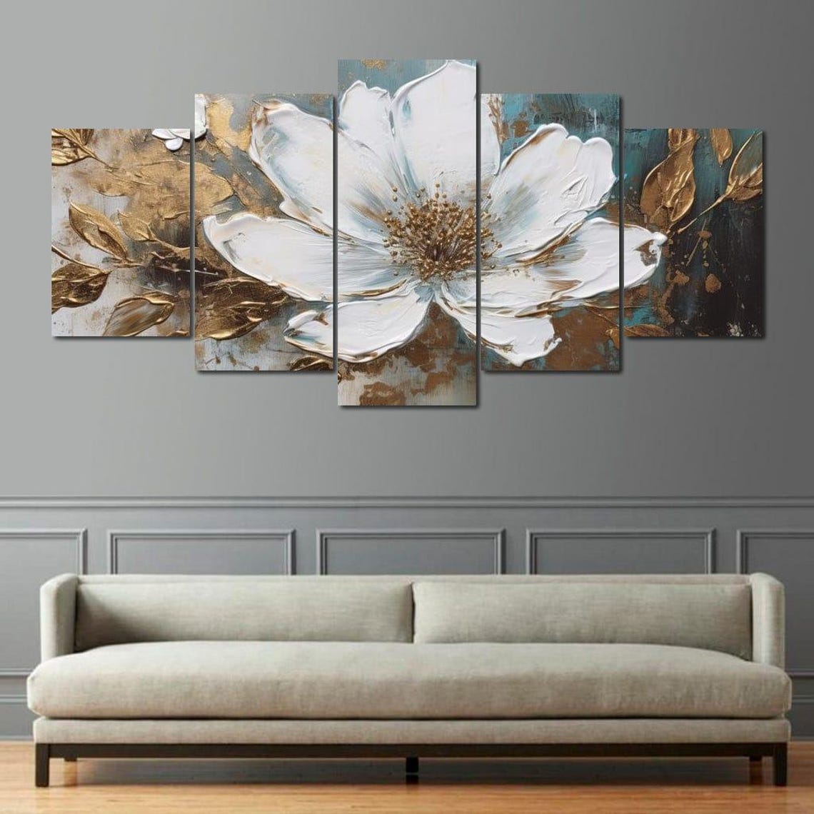 White Magnolia Multi Panel Canvas Flower Gold Teal Abstract Wall Art