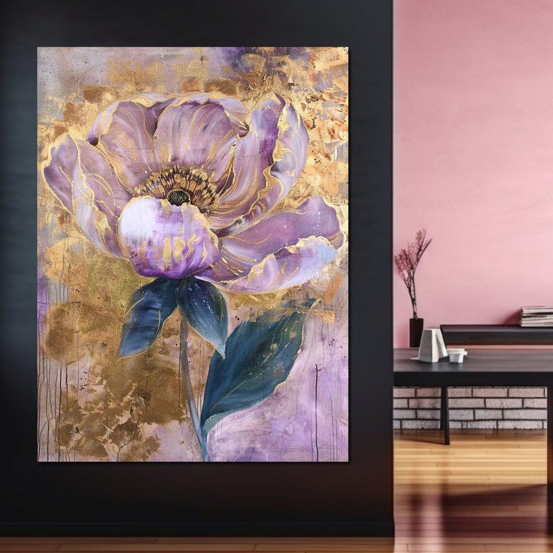 Modern Violet Flower With Gold Accents Abstract Floral Wall Art Print - Image 2