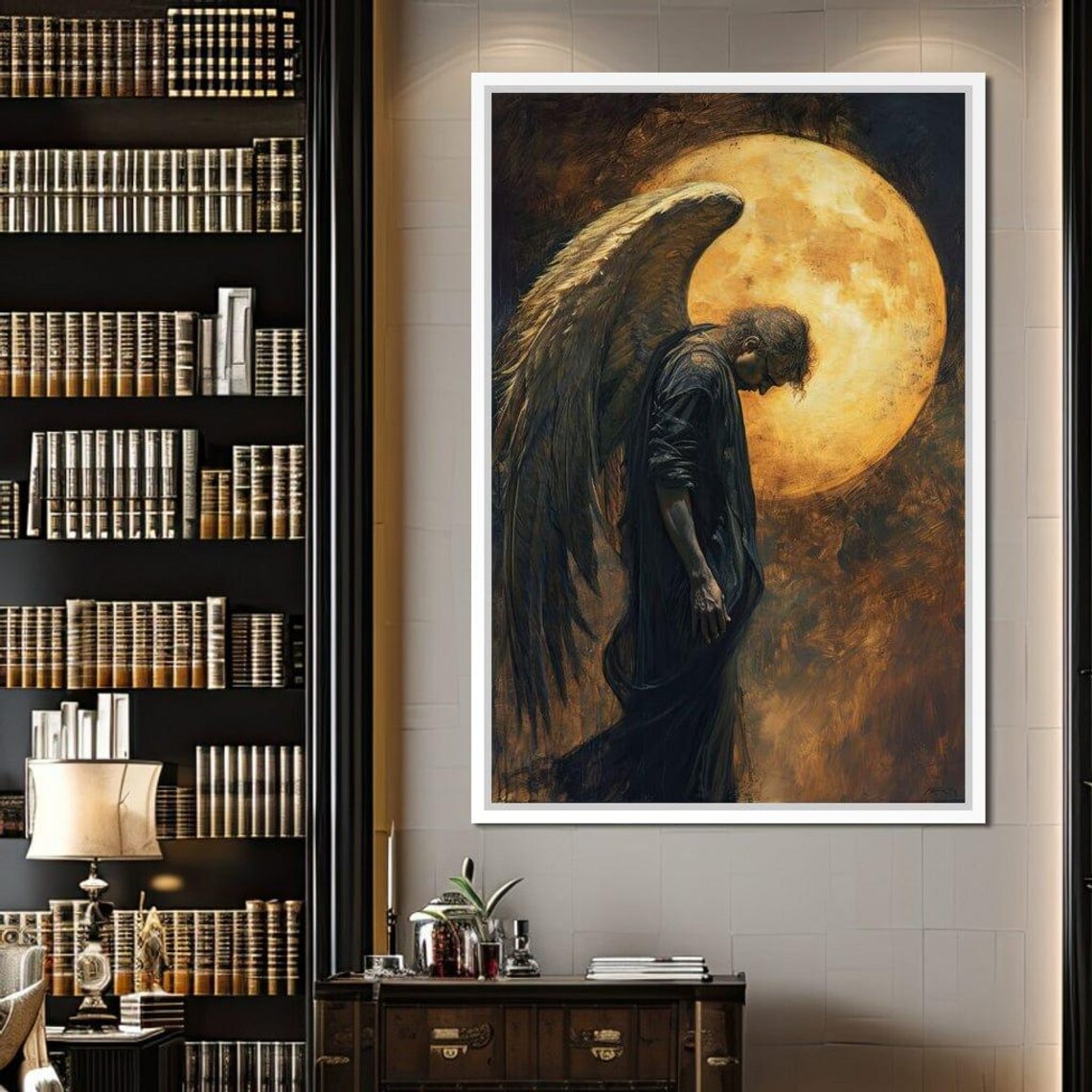 Dark Angel Bowing Golden Full Moon Feathered Wings Gothic Fantasy Art Poster - Image 4