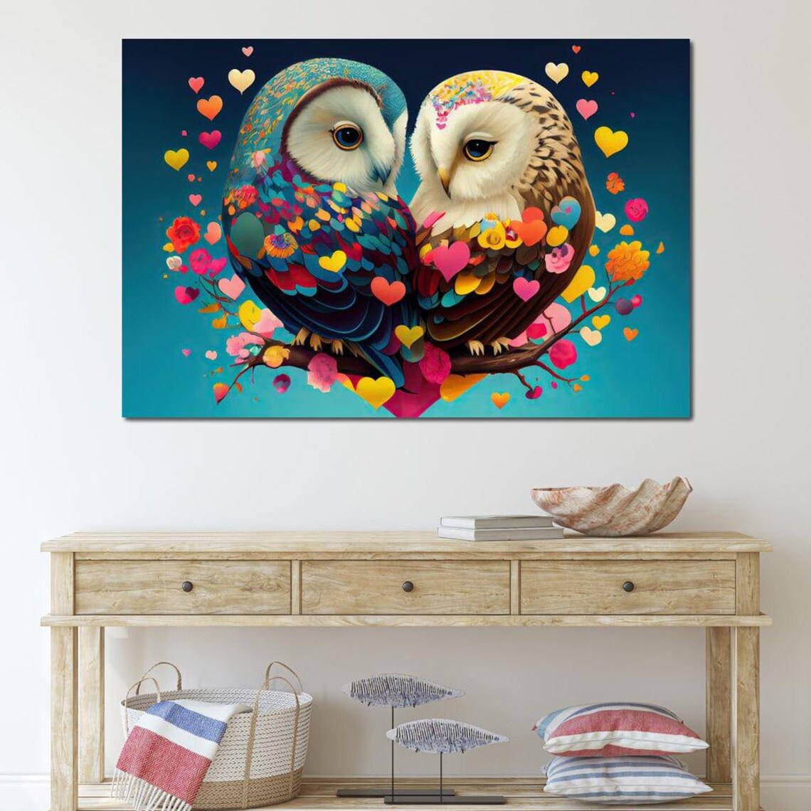 Romantic Colorful Owl Couple Hearts Whimsical Love Bird Art Poster - Image 4