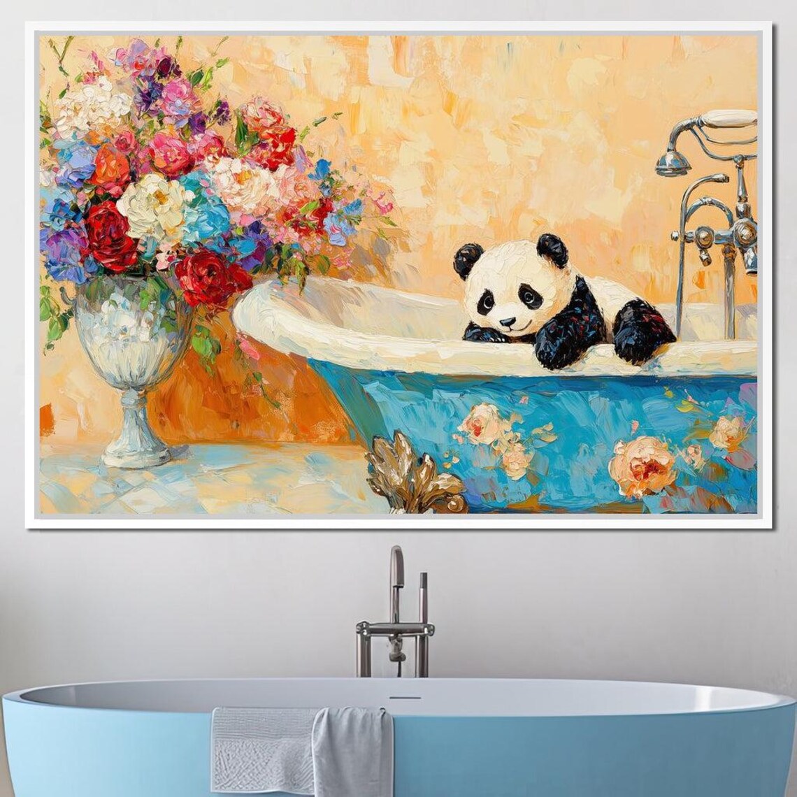 Cute Panda Relaxing In Blue Floral Bathtub Whimsical Animal Wall Art