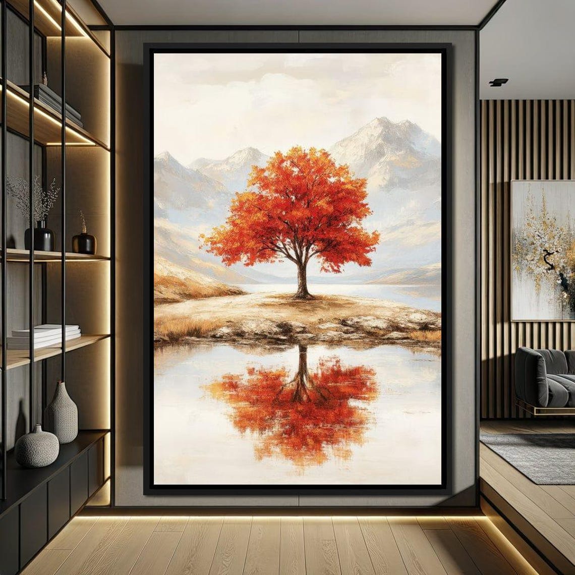 Fiery Autumn Tree Reflected In Still Mountain Lake Fall Scenery Poster