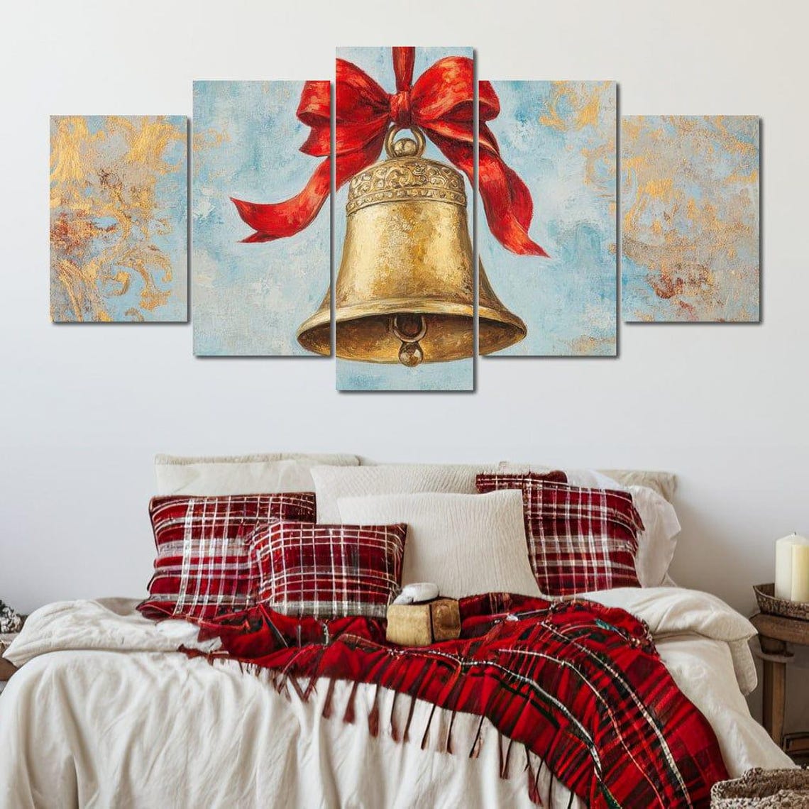 Golden Bell With Red Bow Pastel Blue Vintage Christmas Poster - Image 4