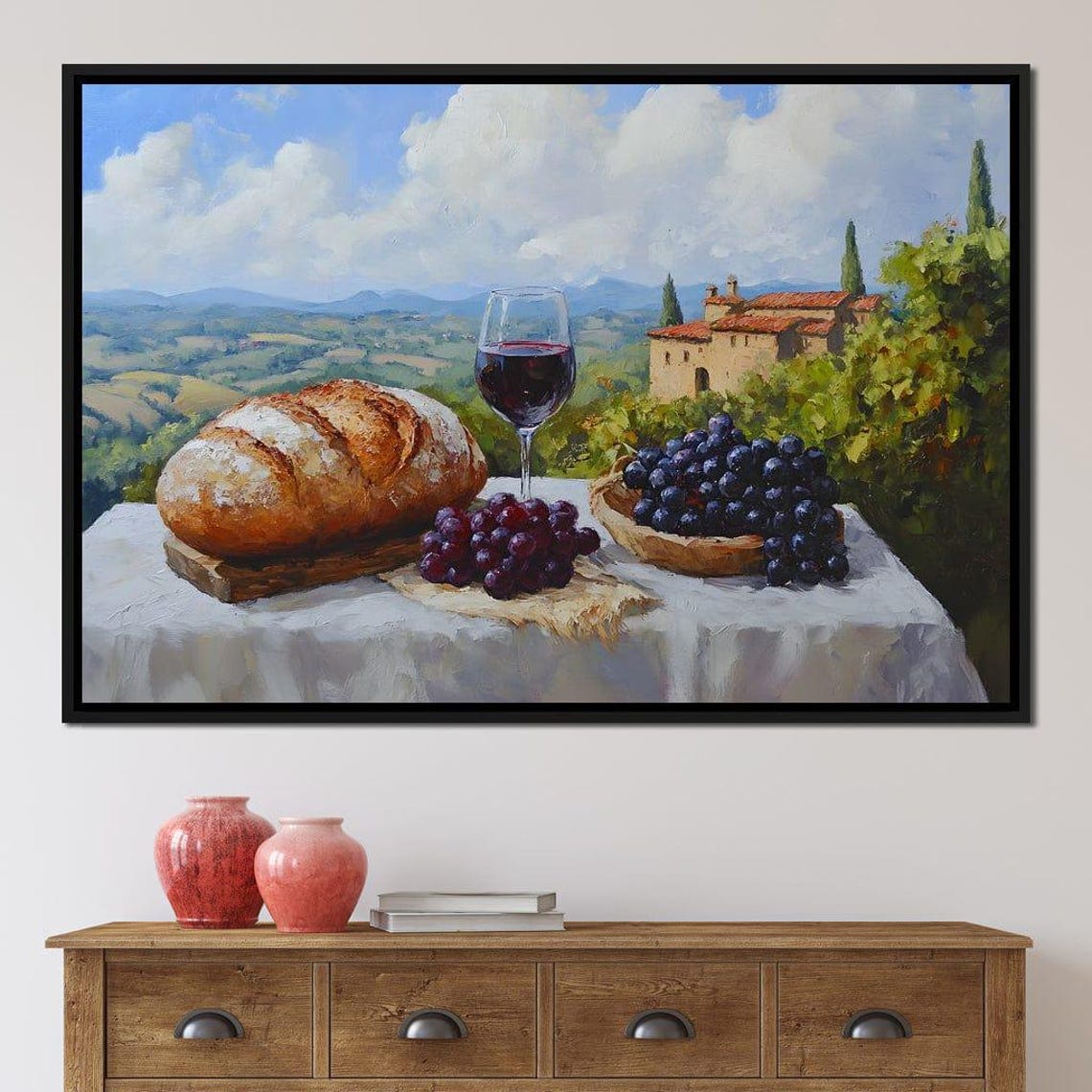 Tuscan Vineyard Table with Wine Glass Bread and Grapes Poster - Image 4