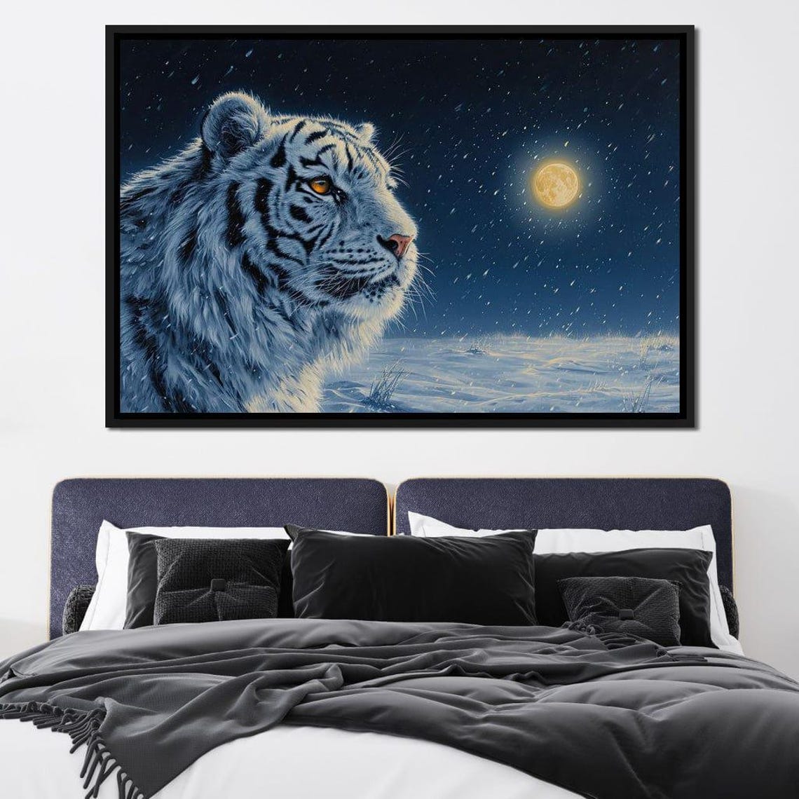 White Tiger Snowy Night Moonlight Serene Wildlife Portrait Art Poster - Image 4