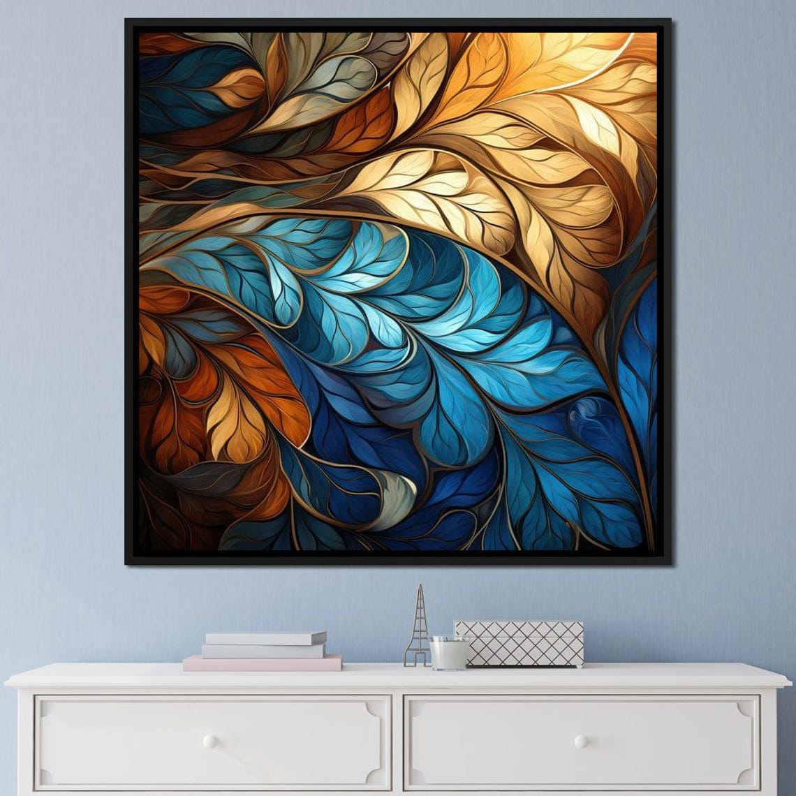 Abstract Blue Gold Leaf Botanical Modern Art Nouveau Wall Poster - Image 3