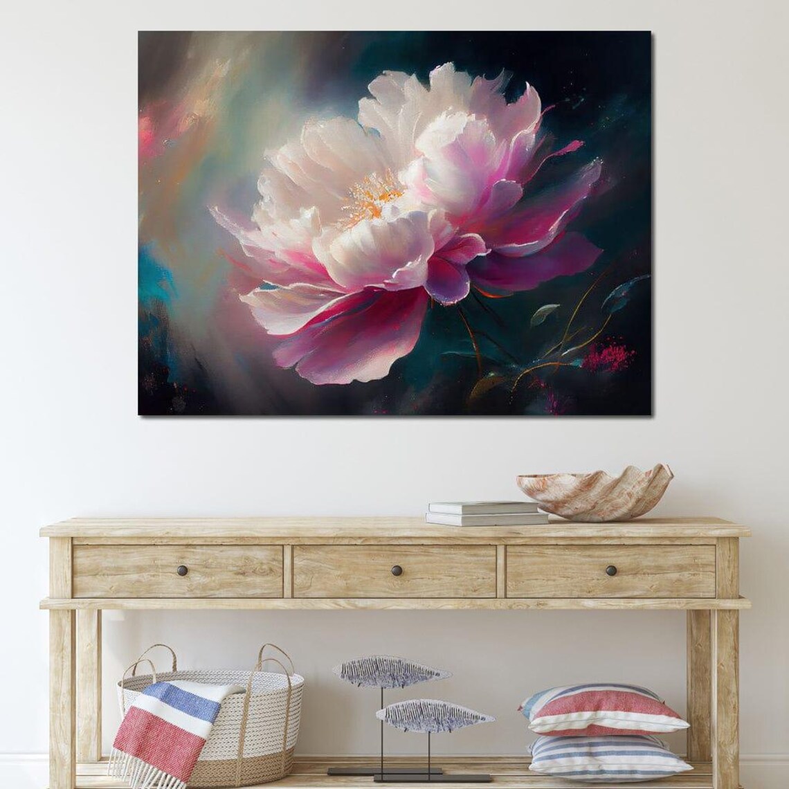 Ethereal Pink Peony Bloom On Dark Background Modern Floral Art Print - Image 4