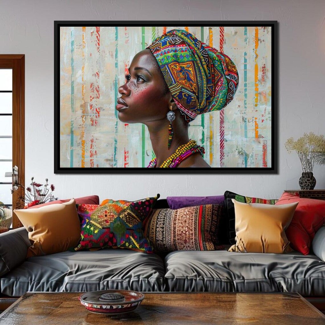 African Woman Colorful Headwrap Beaded Jewelry Portrait Wall Art - Image 4