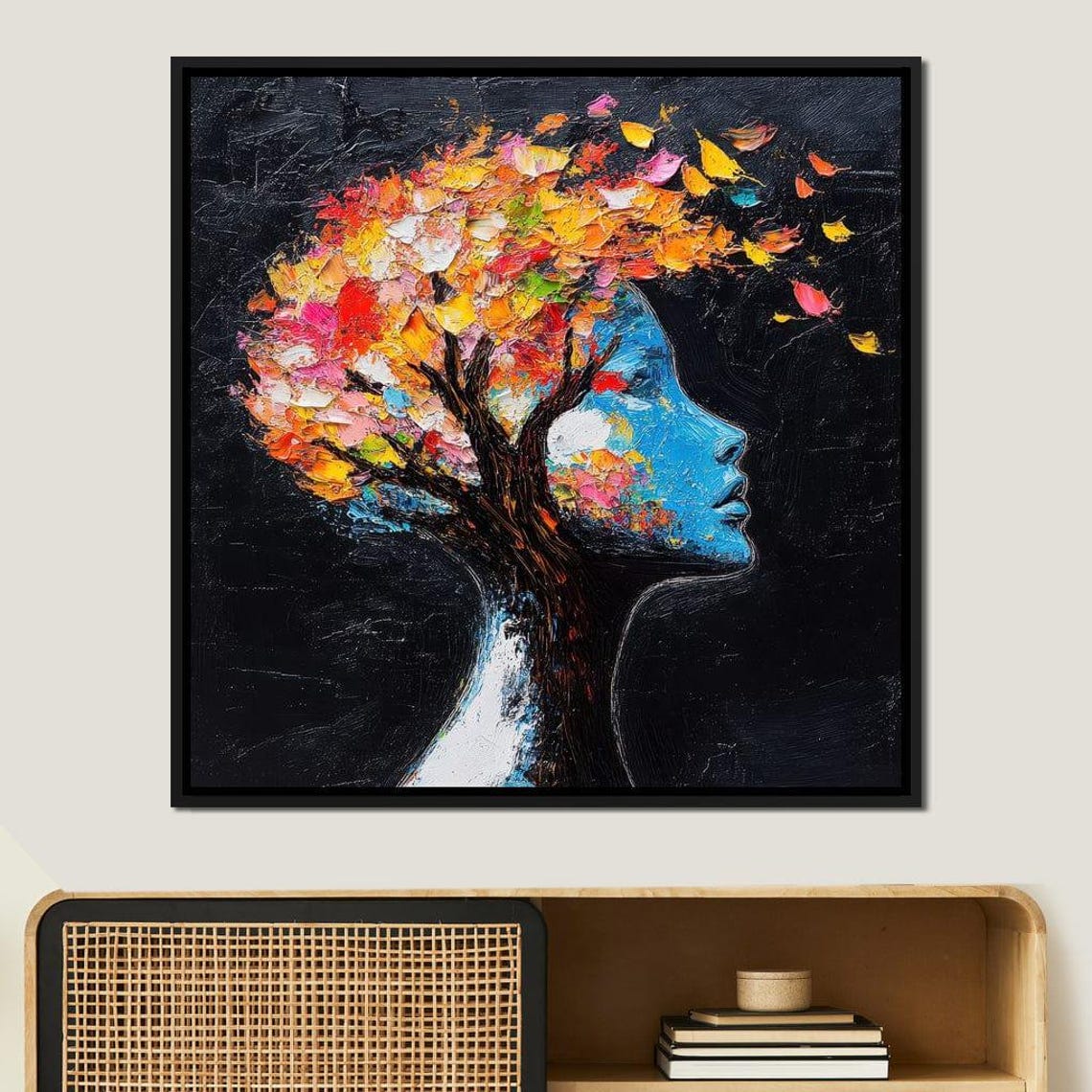Blue Woman Profile Merging With Colorful Blooming Tree Impasto Poster - Image 2