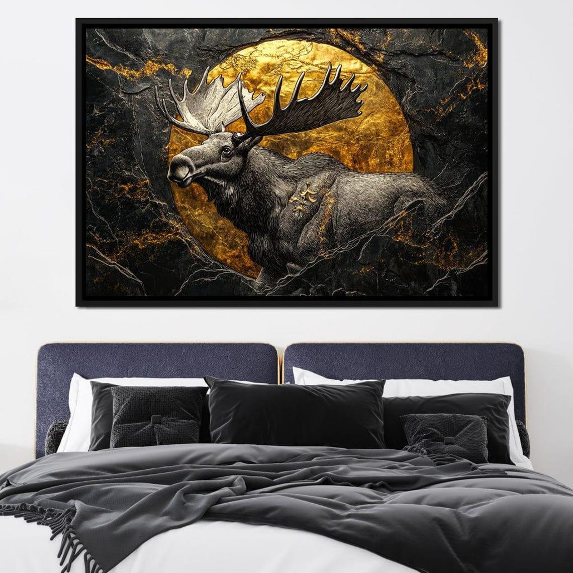 Majestic Moose Black Gold Marble Golden Moon Framed Wildlife Wall Art - Image 4