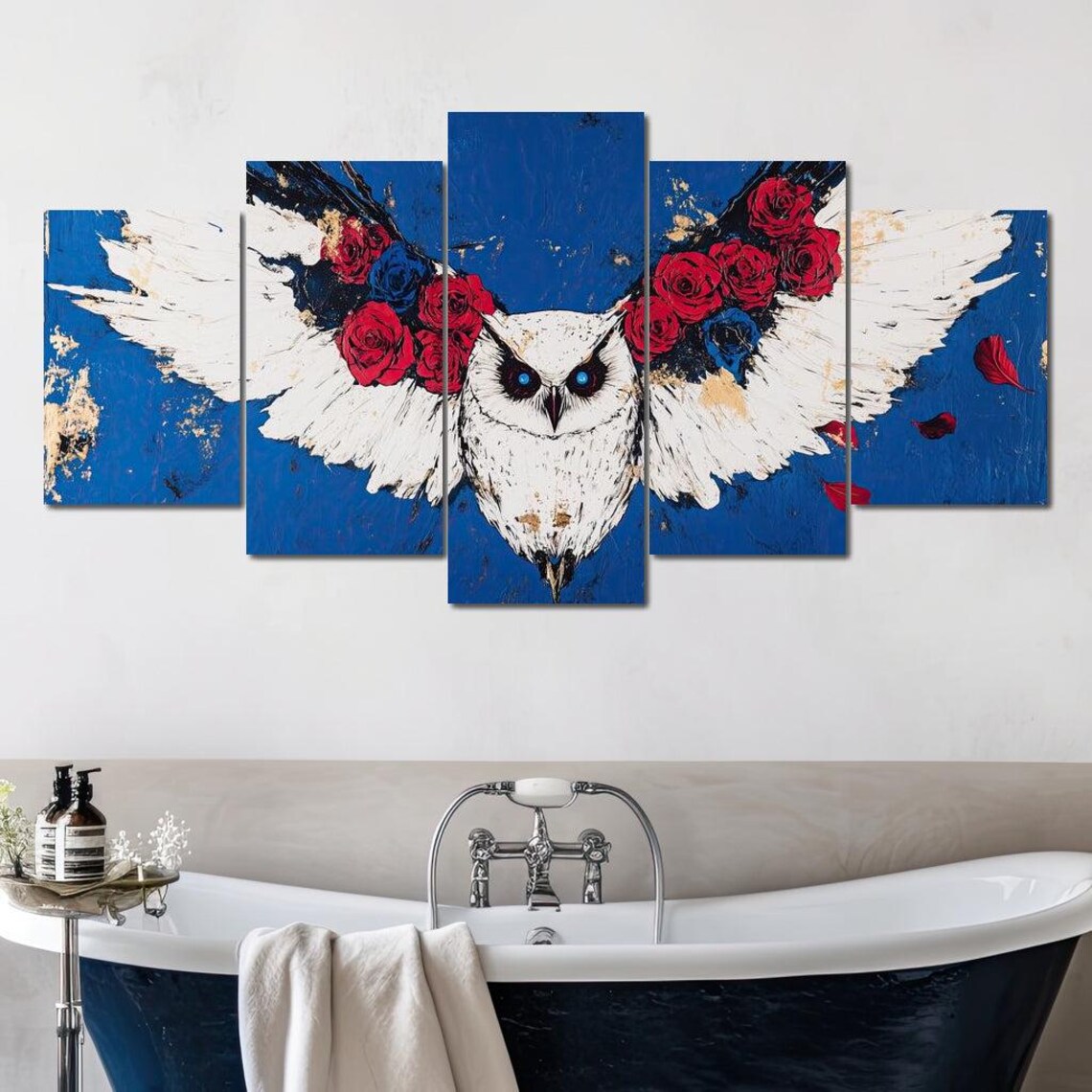 White Owl With Spread Wings Red Roses Cobalt Blue Wildlife Poster - Image 3
