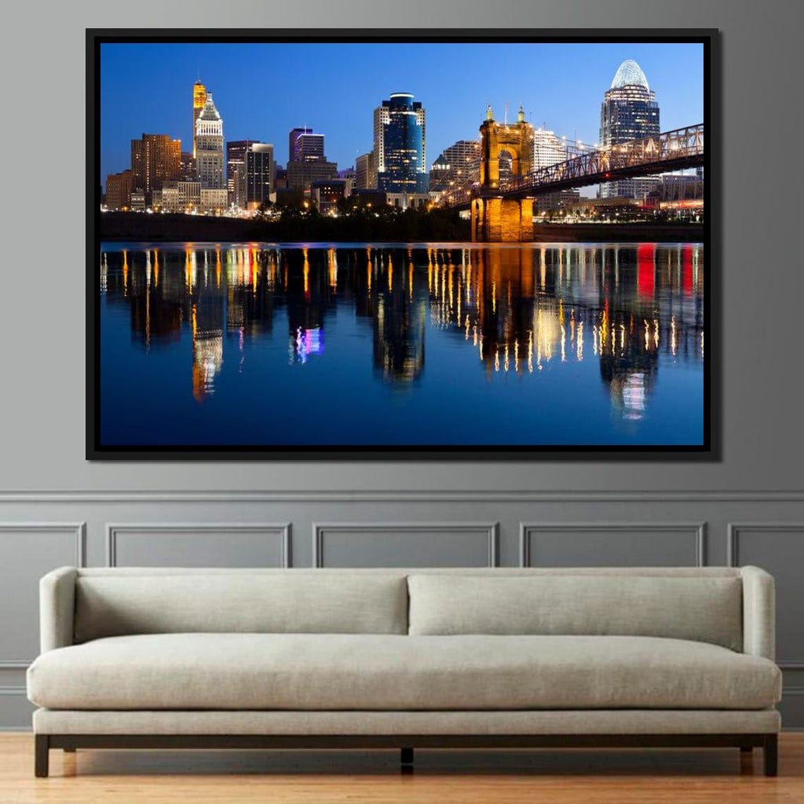 Cincinnati Skyline Night Bridge Reflection River Lights Travel Poster - Image 2