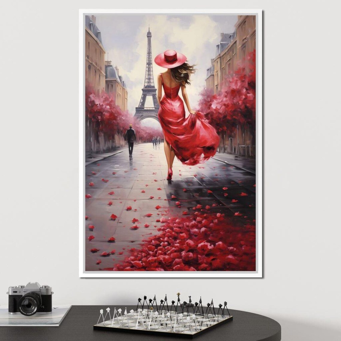 Paris Eiffel Tower Red Dress Woman Street Rose Petals Travel Poster - Image 4