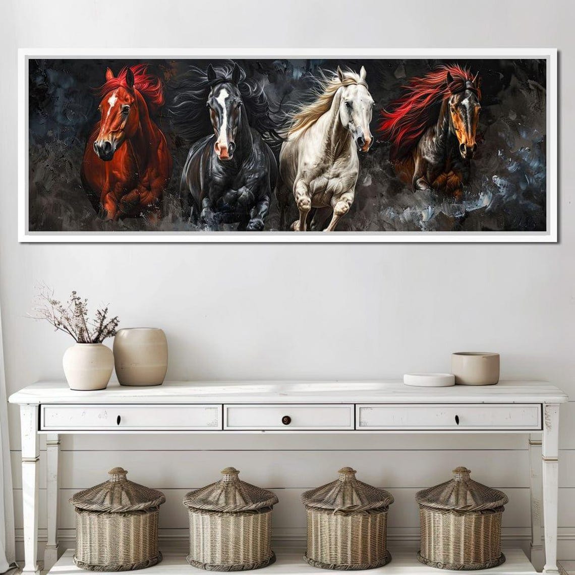 Four Galloping Horses Running Wild Dark Dramatic Equine Art Poster - Image 3