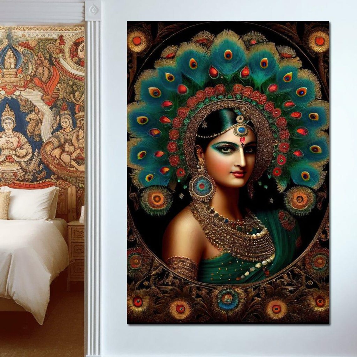 Radha Peacock Feather Headdress Green Sari Gold Jewelry Wall Art Print - Image 3
