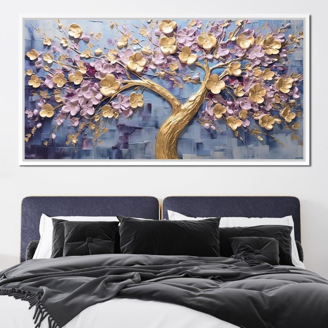 Golden Flowering Tree Blossom 3D Impasto Texture Blue Wall Art Print - Image 2
