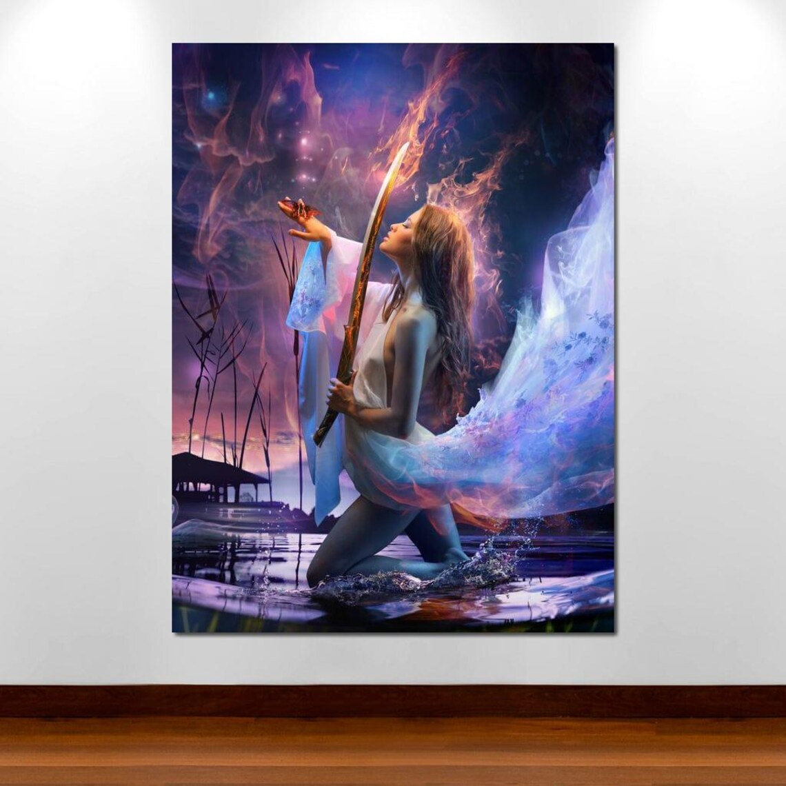 Mystical Woman With Flaming Sword Purple Mist Fantasy Art Poster - Image 3