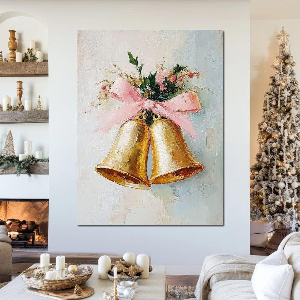 Golden Christmas Bells With Pink Bow Floral Holiday Wall Poster - Image 2
