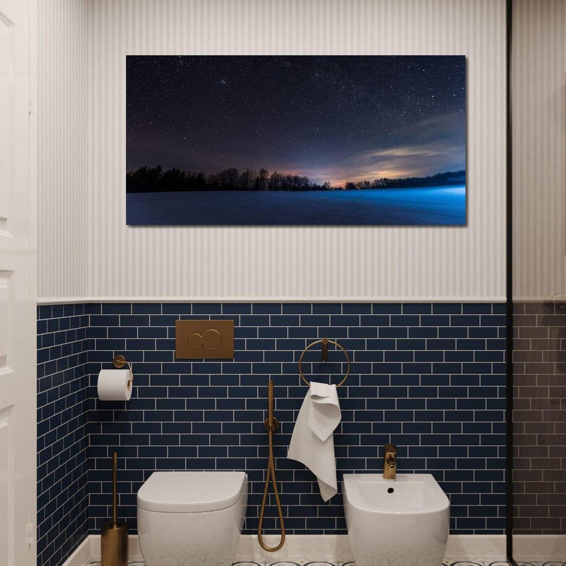 Starry Night Over Snowy Field Winter Forest Silhouette Sky Art Poster - Image 3