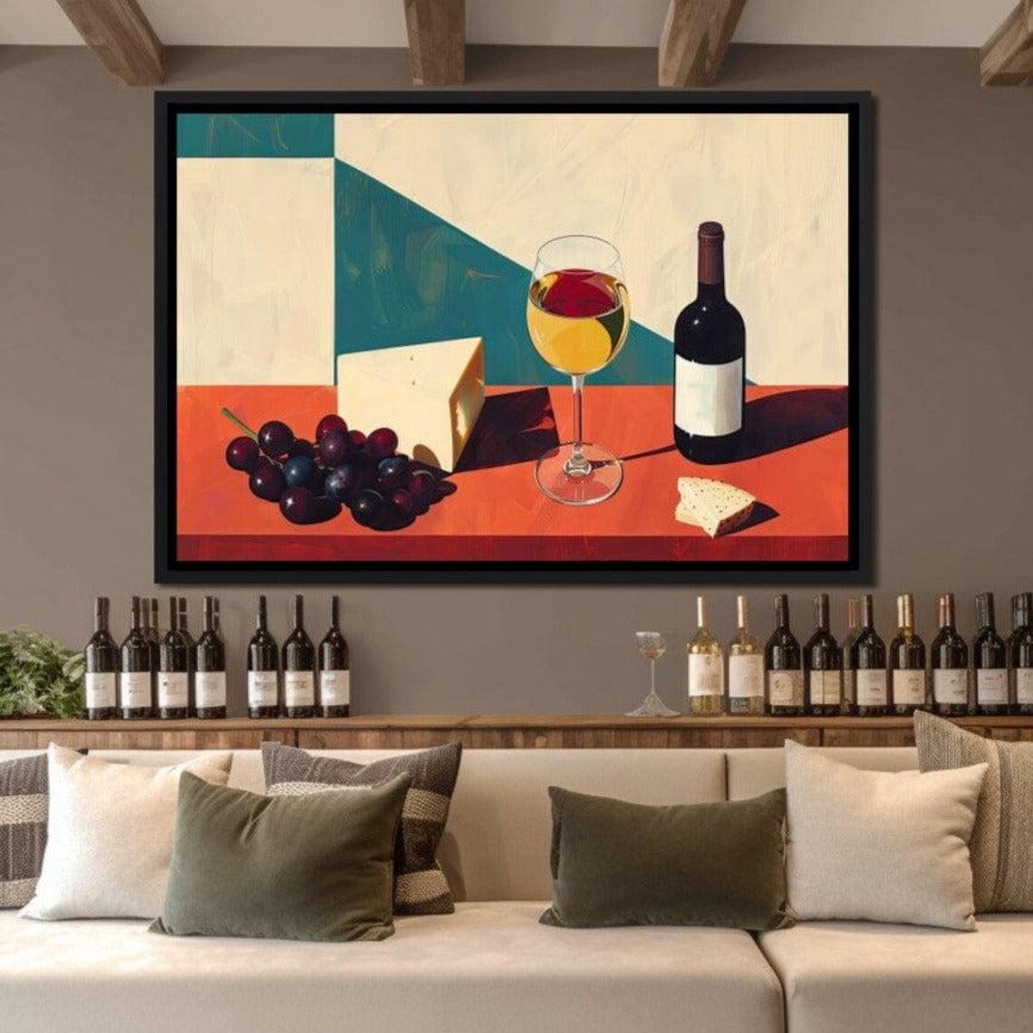 Wine and Cheese Still Life Modern Painting Red Wine Glass Bottle Poster - Image 4