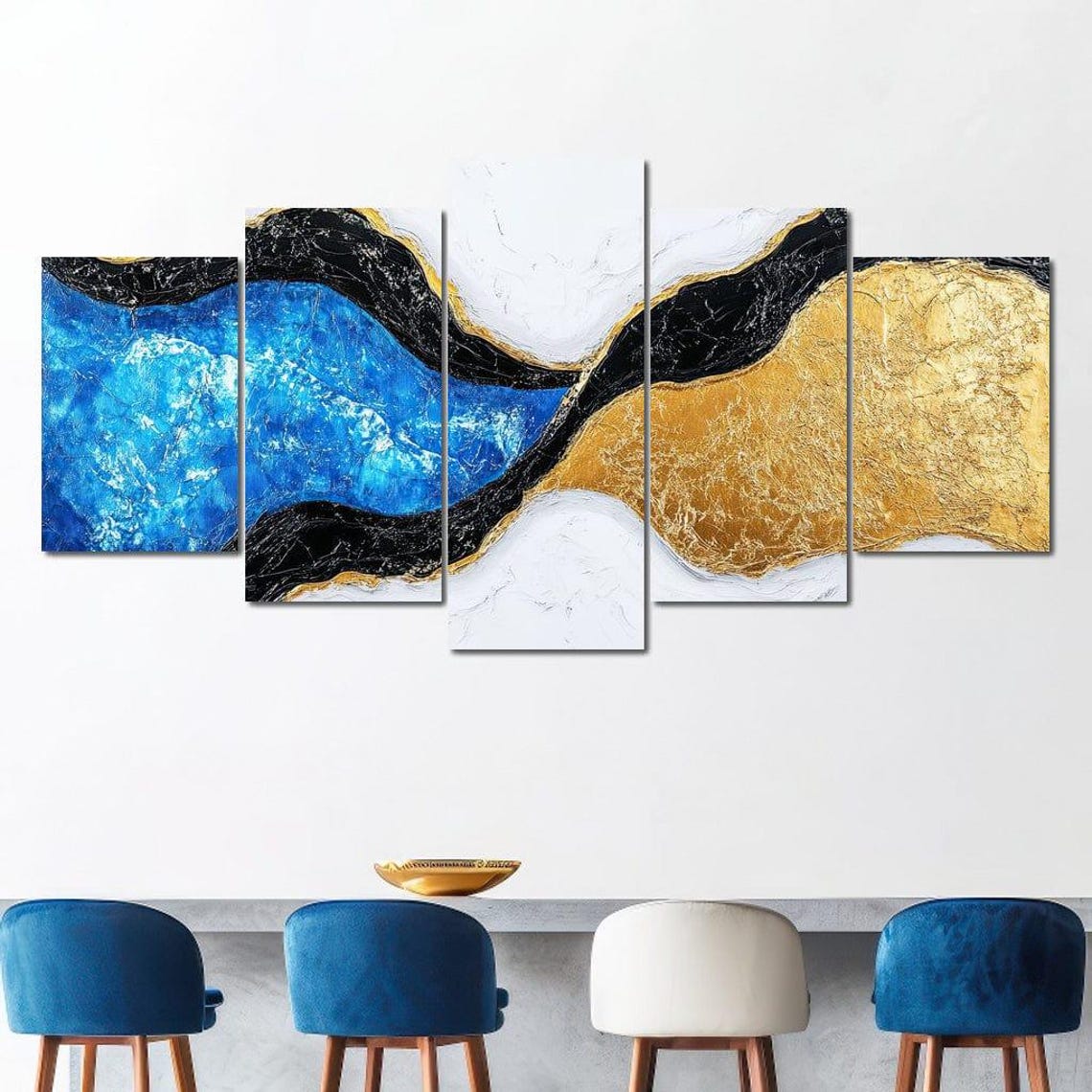 Cobalt Blue Gold Black Flowing Waves Luxury Abstract Marble Art - Image 4