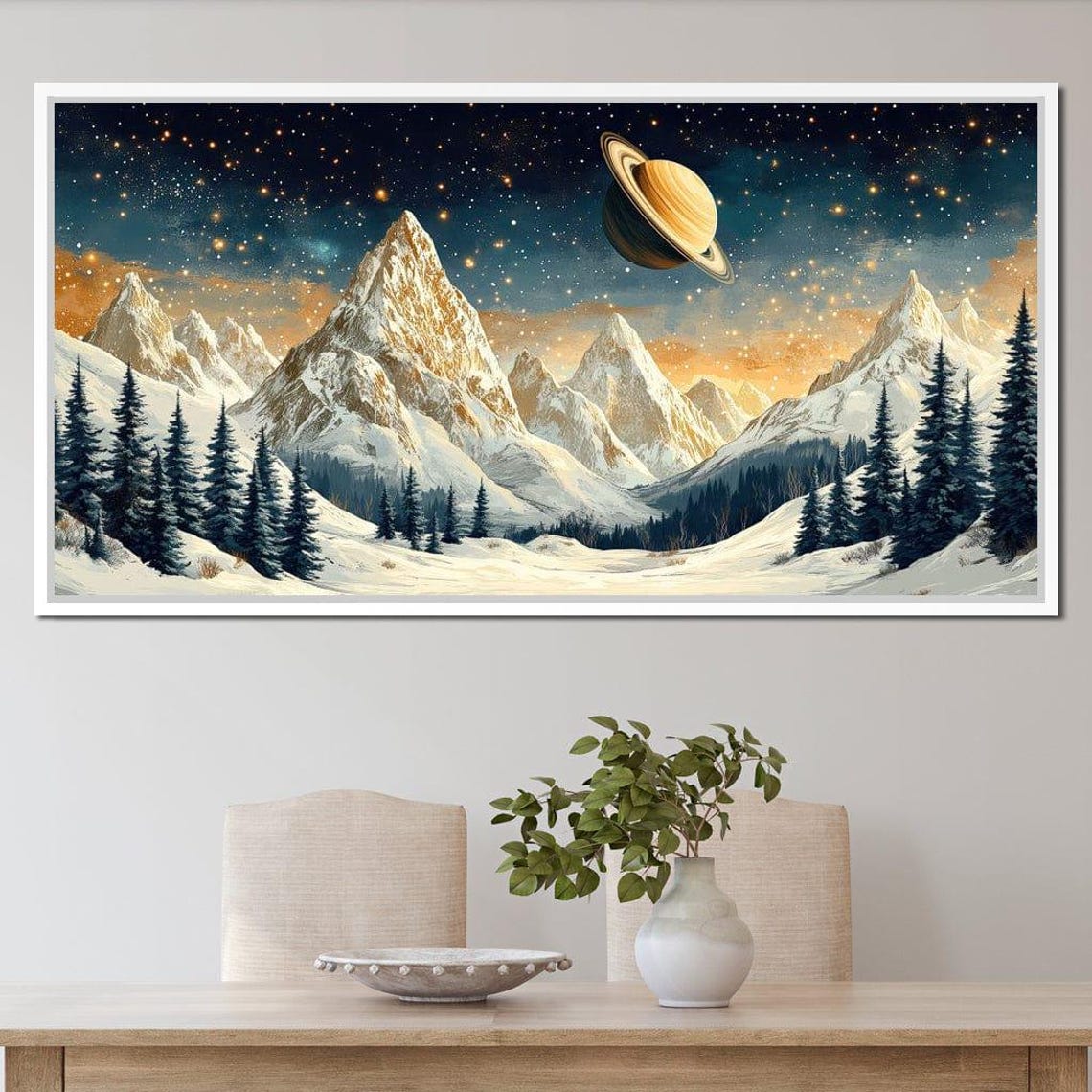 Saturn Over Snow Capped Peaks Home Decor Celestial Landscape Cosmic Mountain Starry Night Art By Nichecanvas - Image 2
