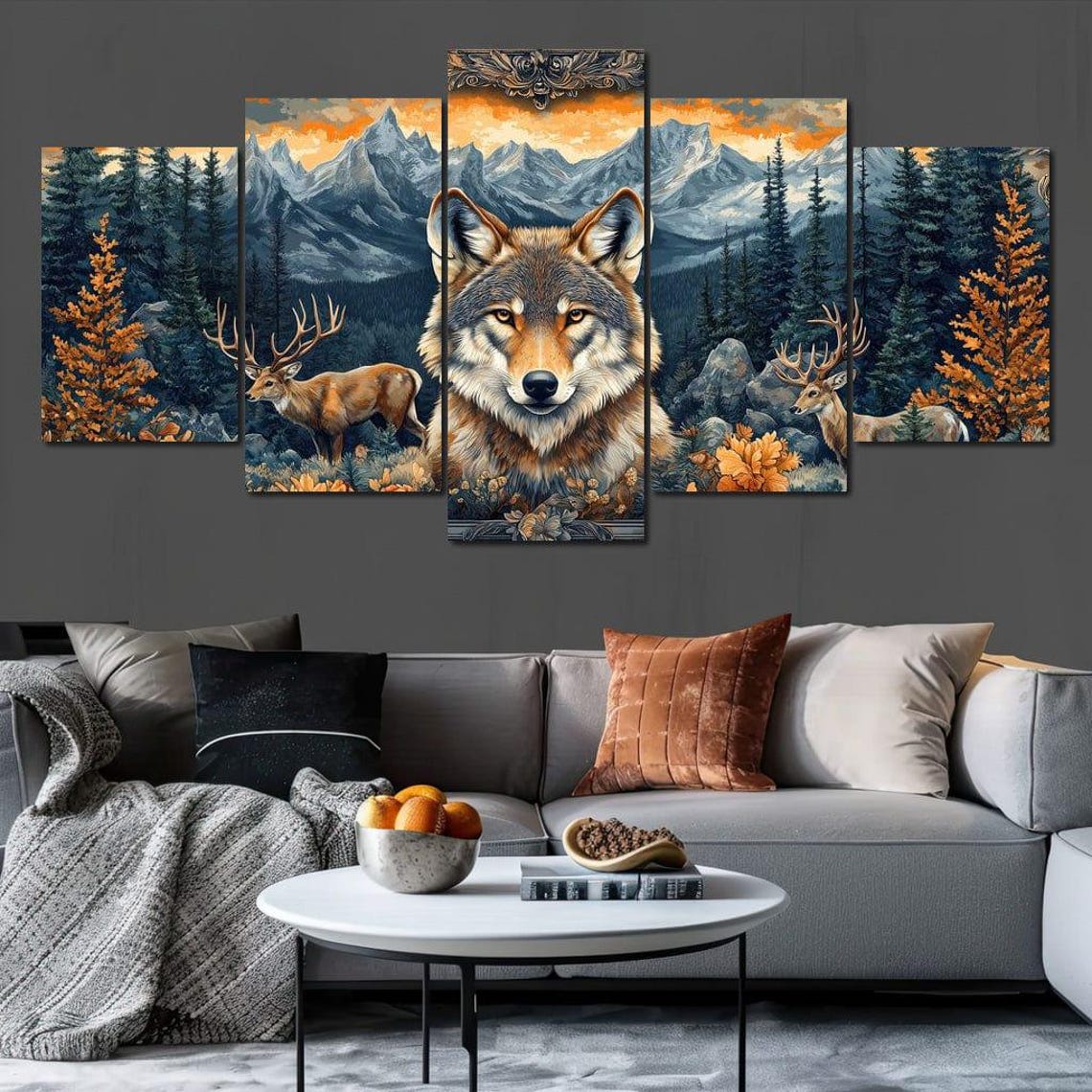 Wolf Face Mountain Sunset Stags Pine Forest Wildlife Landscape Poster - Image 4