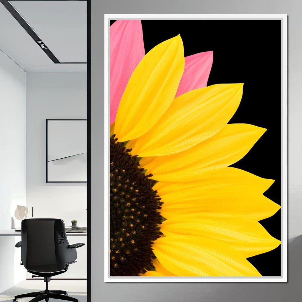 Close Up Sunflower Bloom with Pink Petals on Black Wall Poster - Image 4