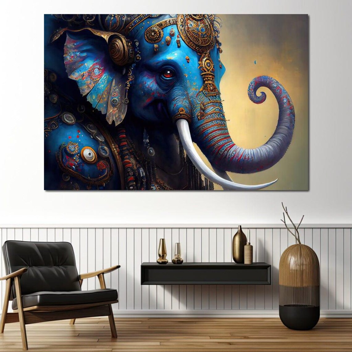 Ganesha Blue Elephant God Ornate Gold Hindu Spiritual Wall Art Poster - Image 4