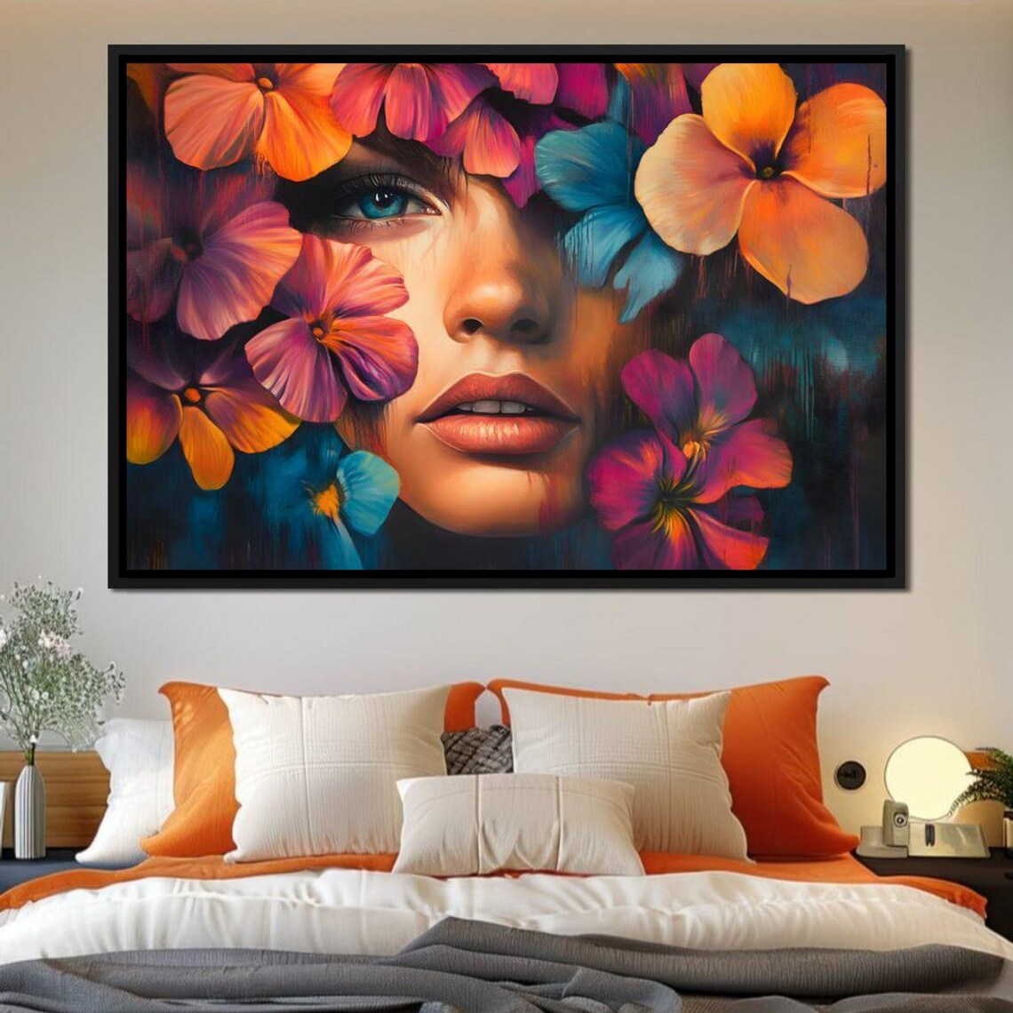 Dreamy Woman Face Framed by Vibrant Colorful Pansy Flowers Poster - Image 3