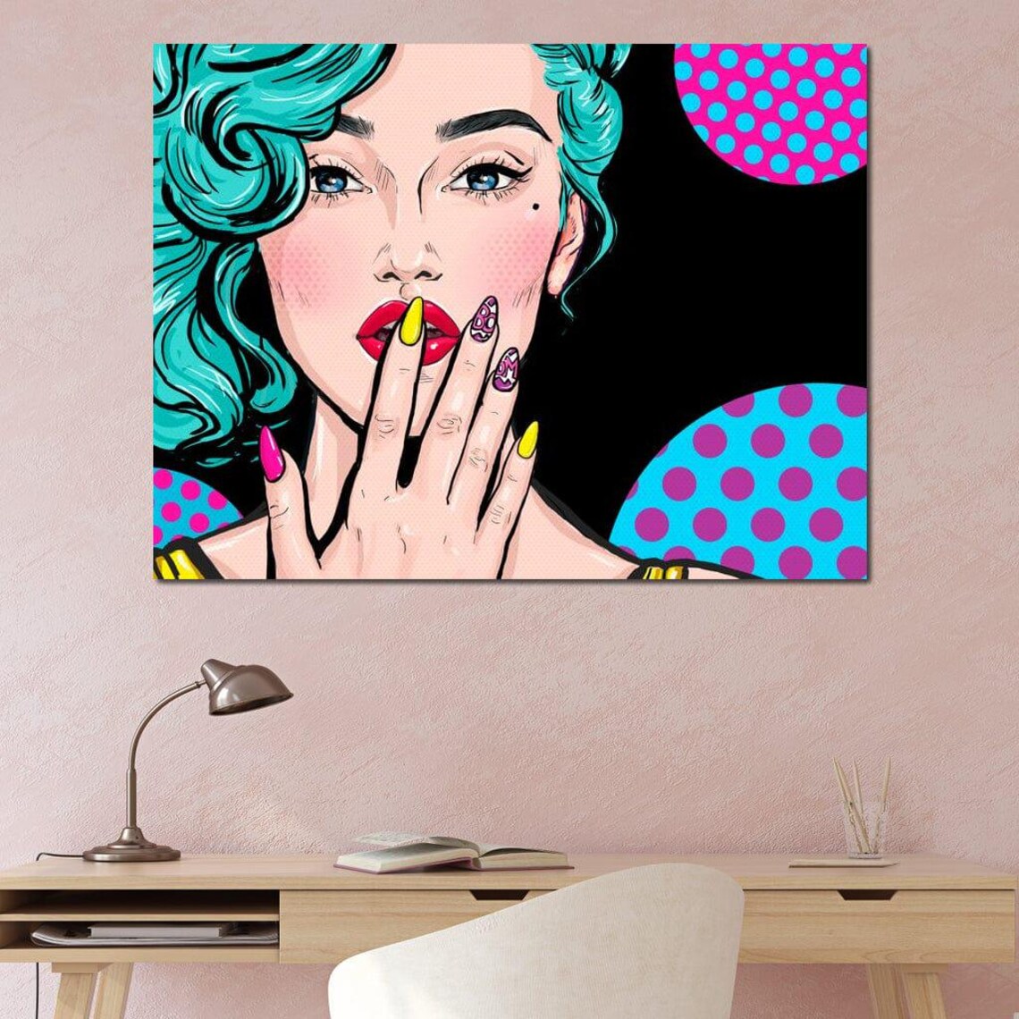 Pop Art Teal Hair Woman Comic Dots Bold Nails Retro Wall Art Poster - Image 4