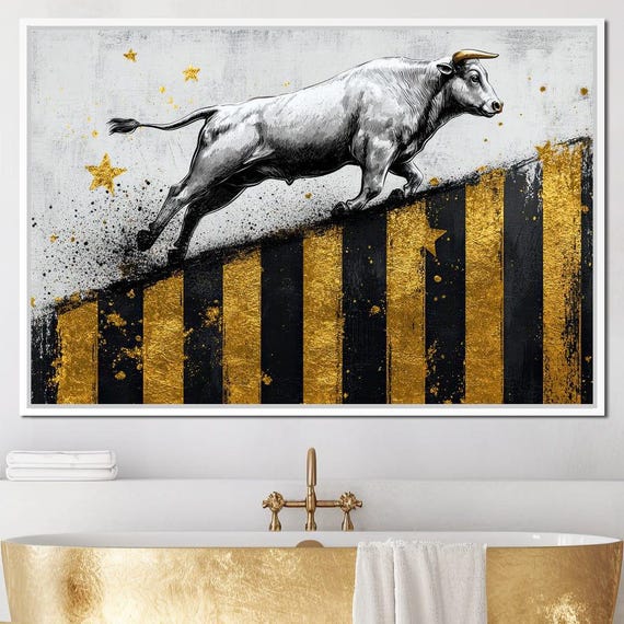 Golden Bull Market Bold Home Decor Black Gold Wall Art Financial Symbol Modern Inspirational Artwork By Nichecanvas